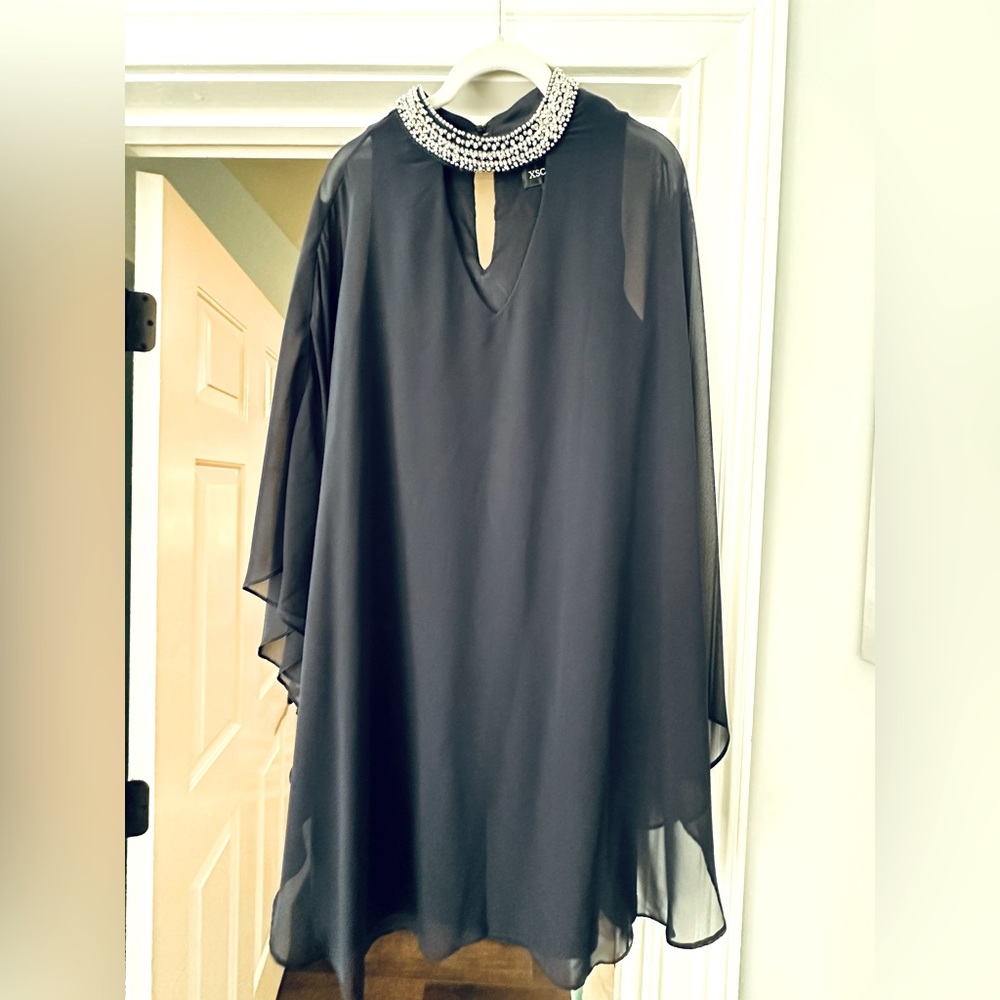 Xscape Women's Short Navy Dress Chiffon Overlay and Bead Choker Neck Size 16 EUC